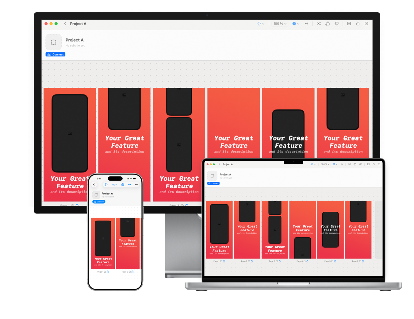 App-Screenshot-Editor mit App-Store-Screenshots in Geräte-Mockups auf iPhone, iPad und Mac